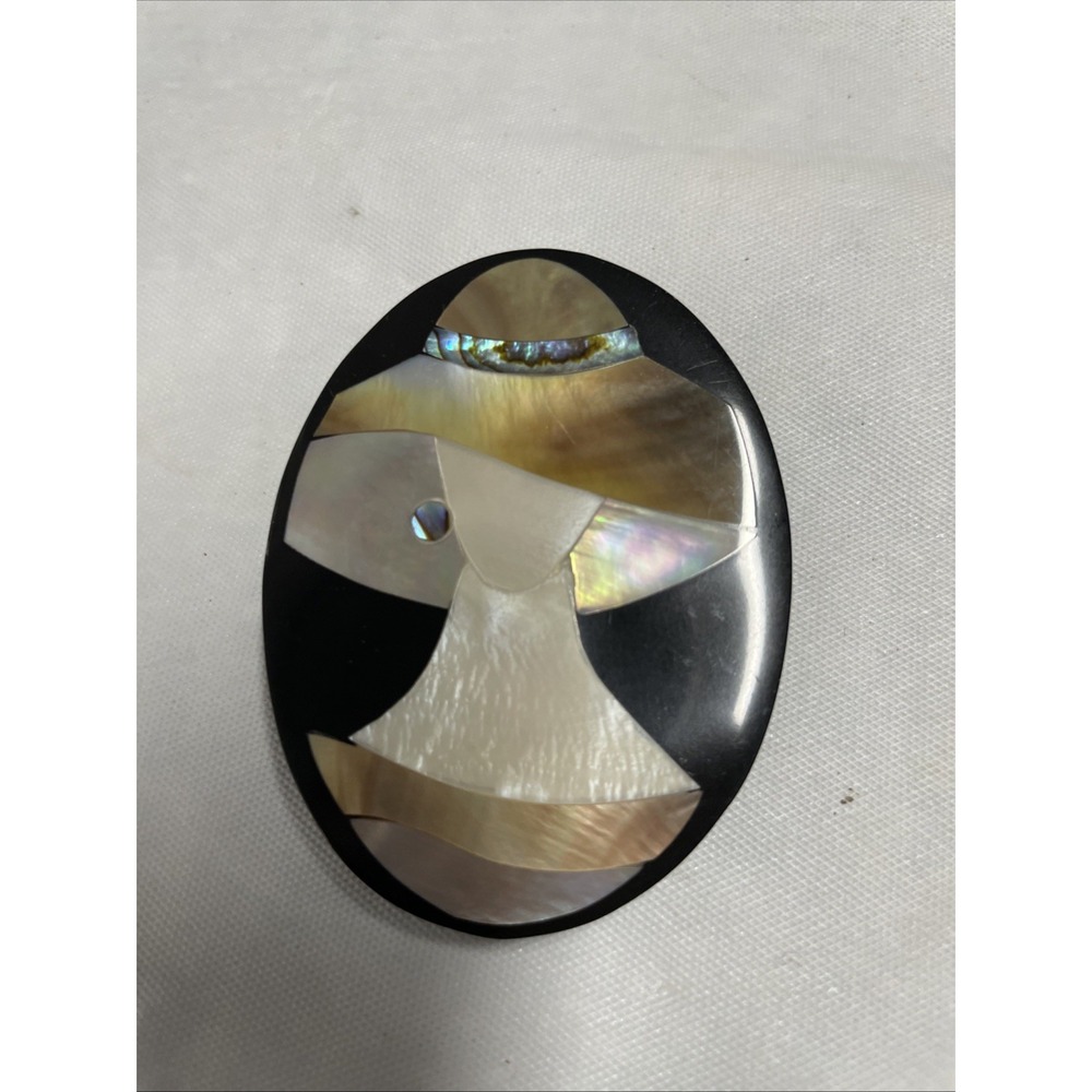Abalone Mother Of Pearl Inlay Black Oval Lady Silhouette Brooch Vintage - Picture 1 of 4